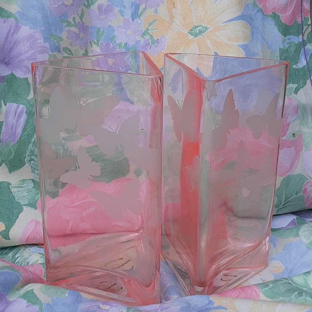 2 butterfly frosted pink glass vases